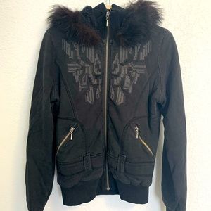 Heavy zippered sweatshirt with faux fur hood